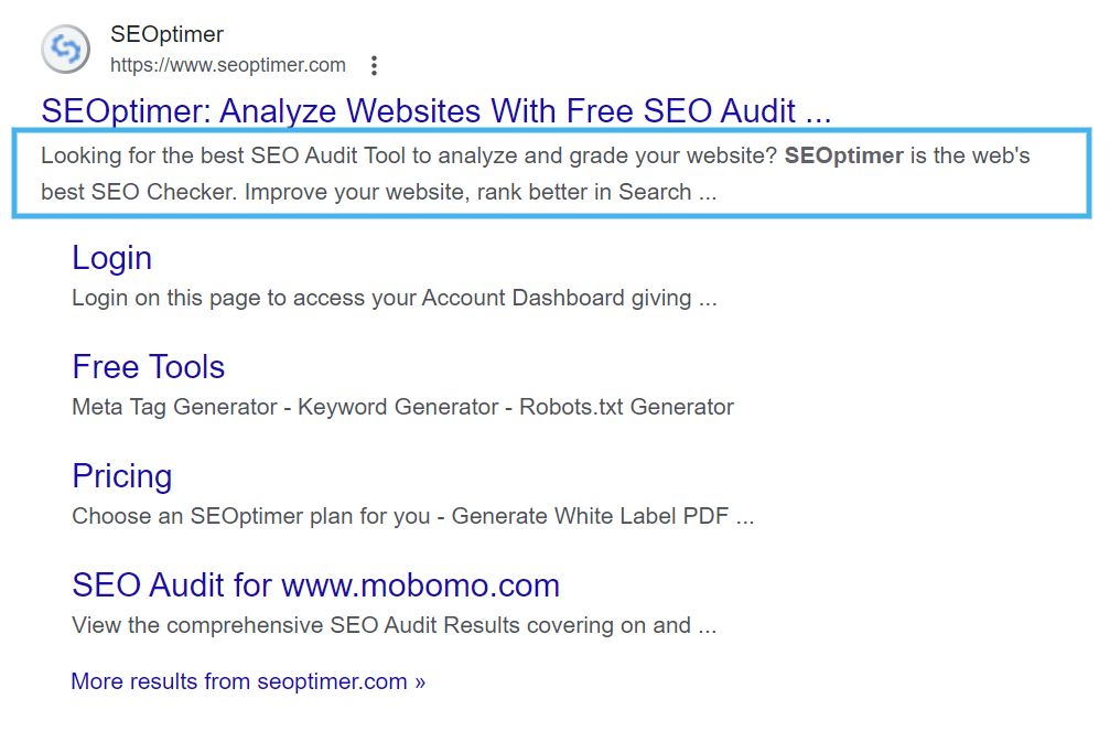 meta description in serp